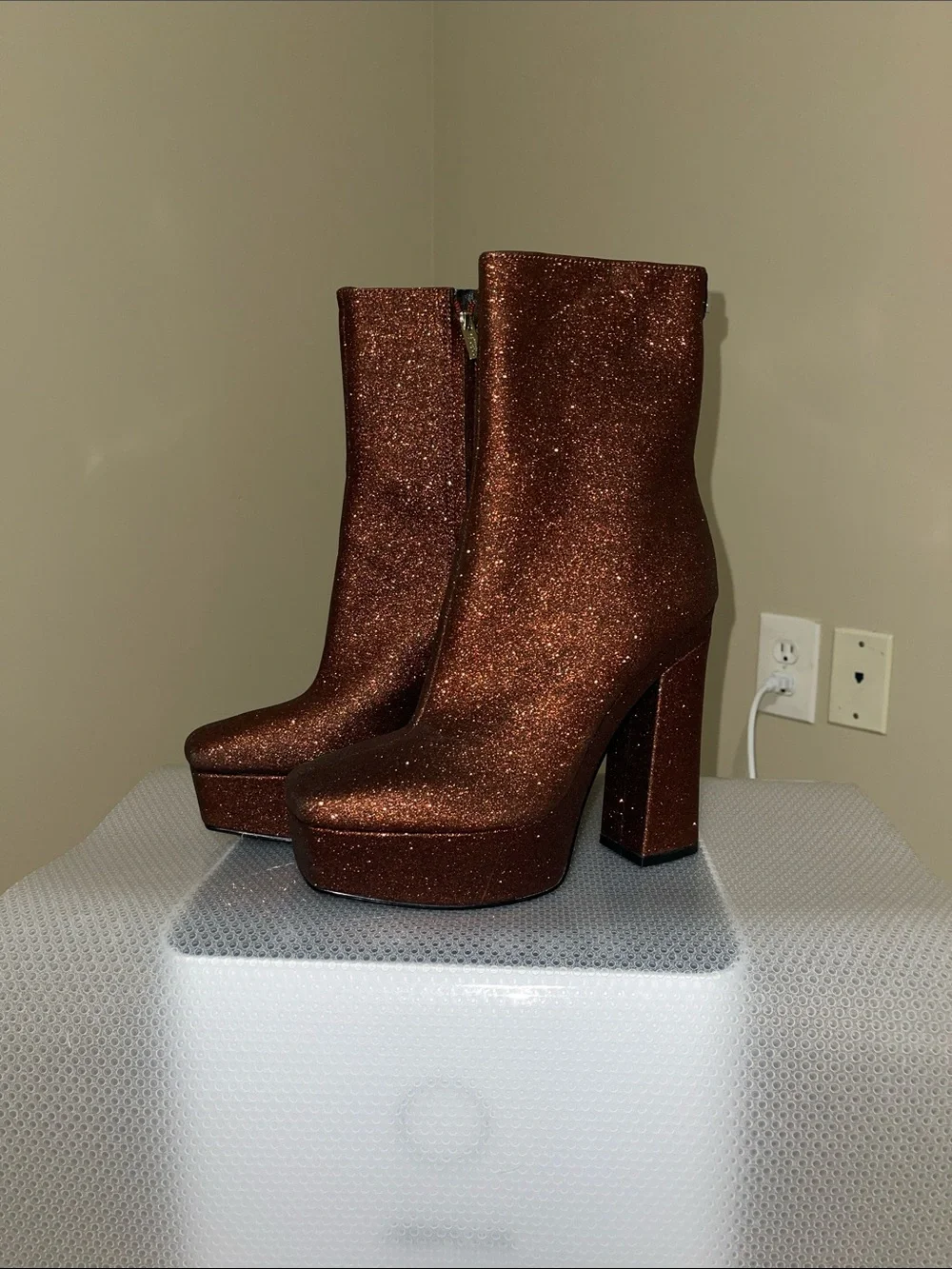 Guess Metallic Copper Glitter Platform Ankle Boots